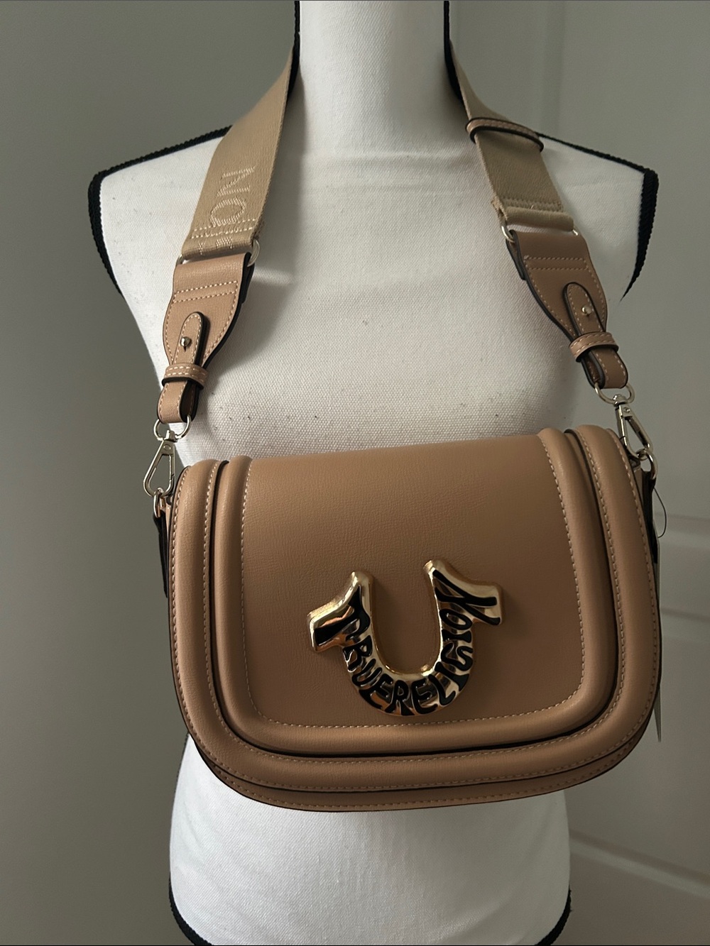 NWT True Religion Taupe Leather Shoulder Bag with Gold Logo